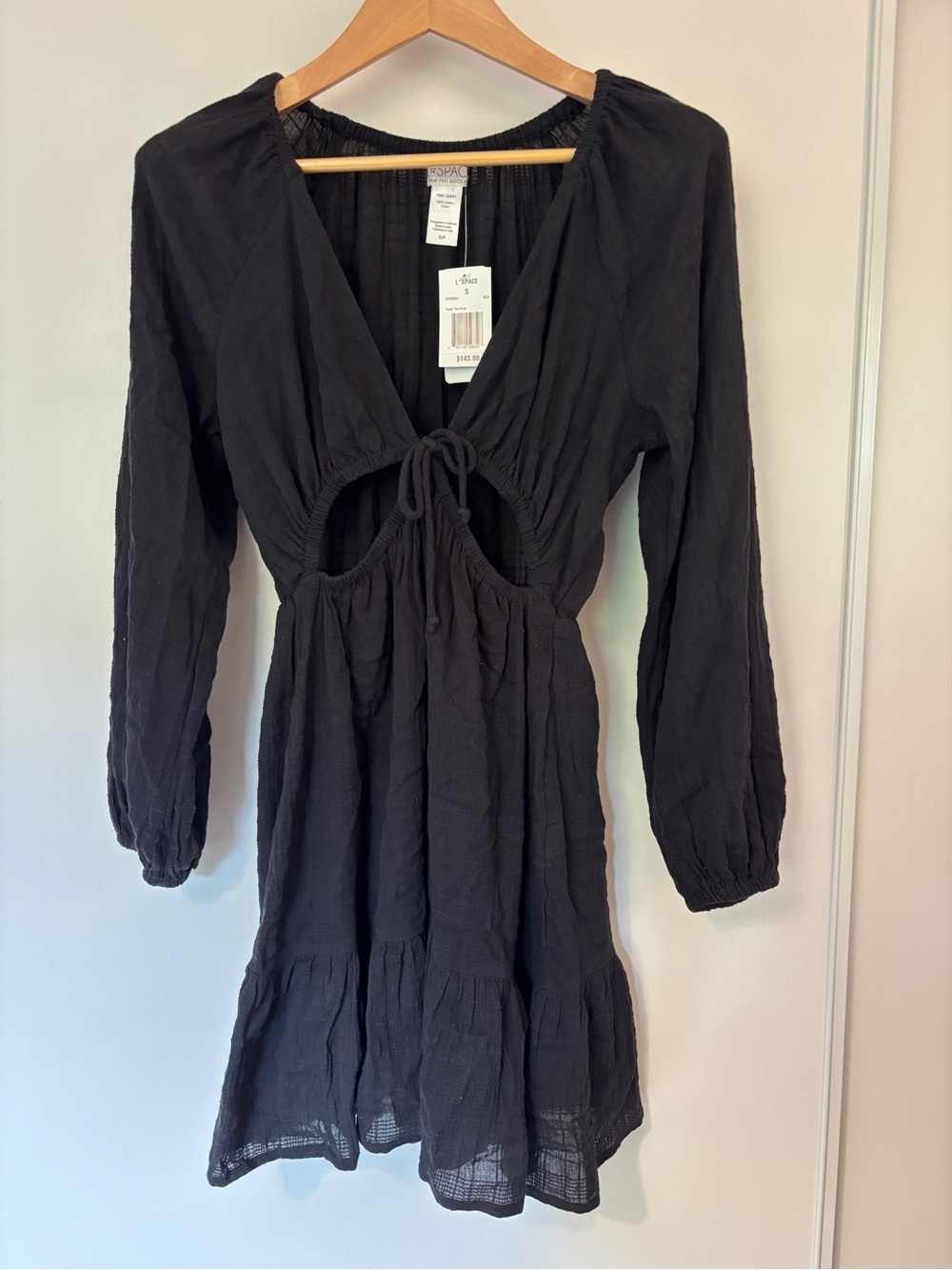 L Space Mini Dress Size Small Black Feelin Fine Gauge Tier Peasant Sleeve Soft - Picture 2 of 8